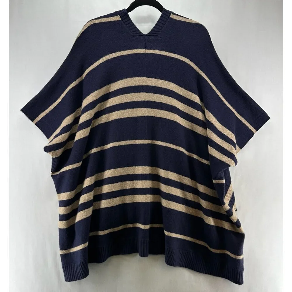 GAP Sweater Womens OS Striped Poncho Wool Camel Hair Cardigan Open Front Blue - Picture 3 of 10